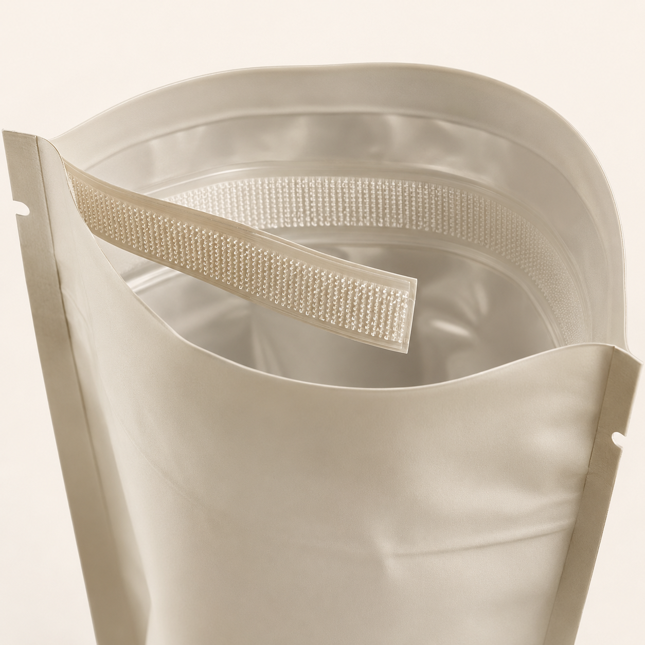 Mylar pouch with an open hook-to-hook resealable zipper closure.