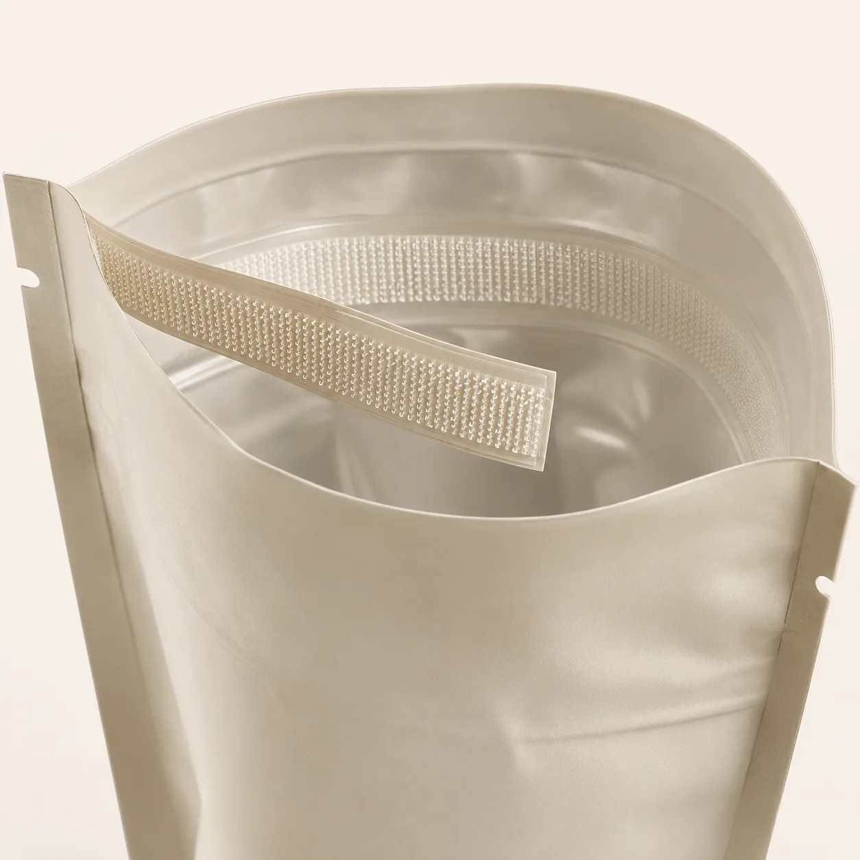 Mylar pouch with an open hook-to-hook resealable zipper closure.