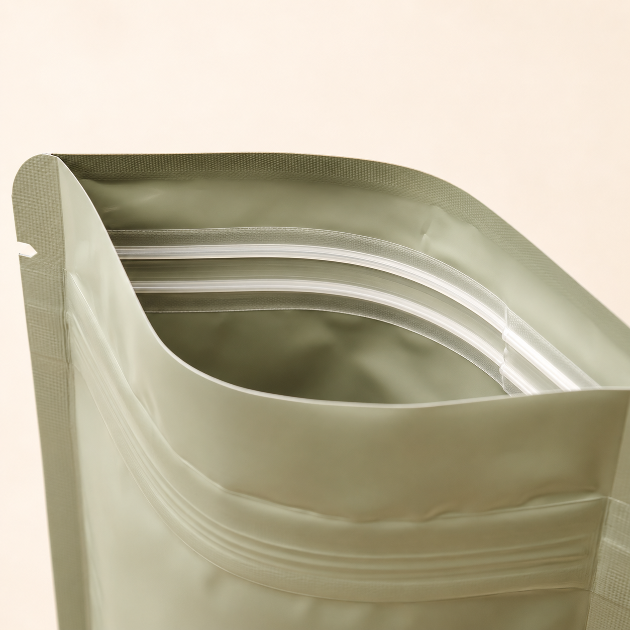 Mylar pouch showing interlocking press-to-close zipper tracks.