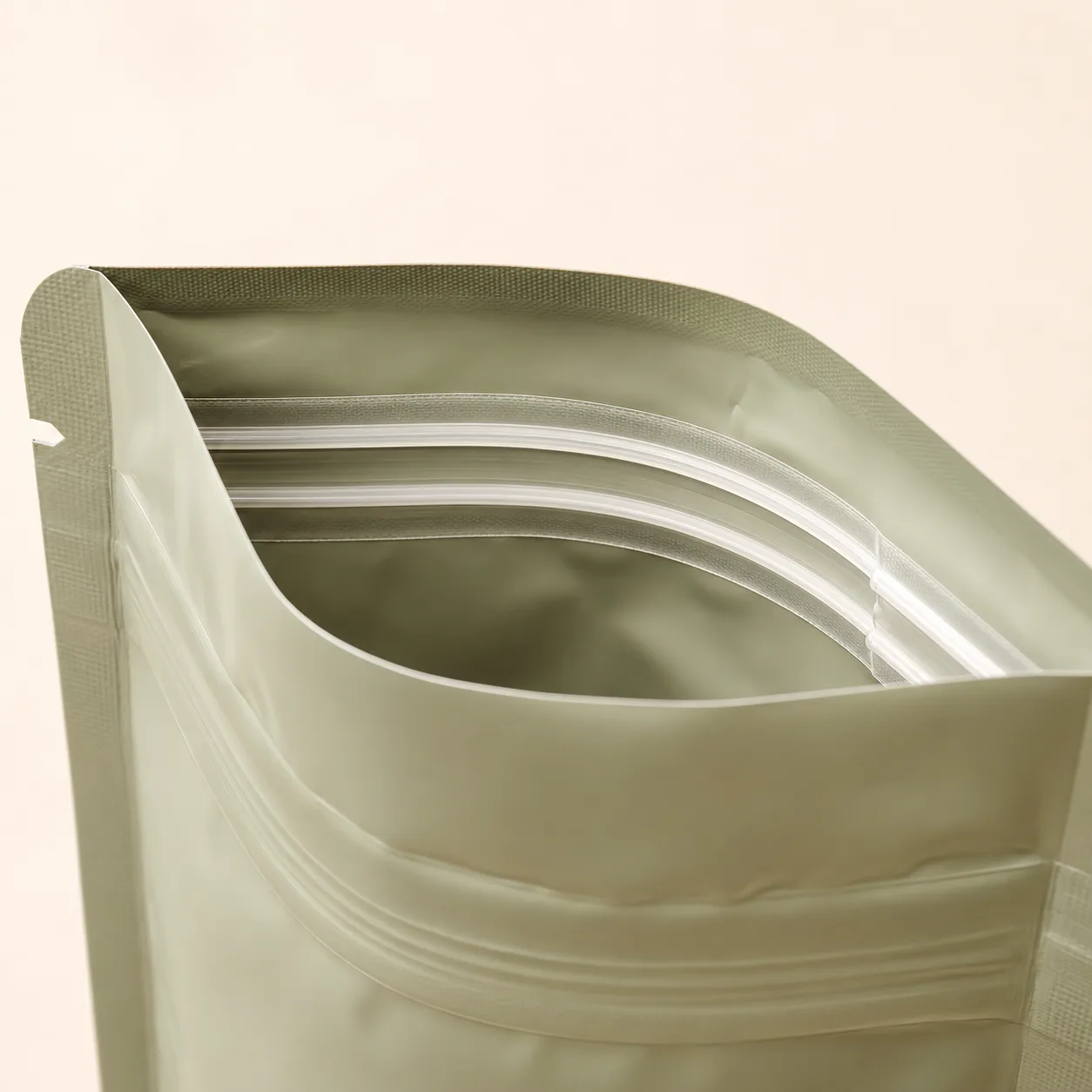 Mylar pouch showing interlocking press-to-close zipper tracks.