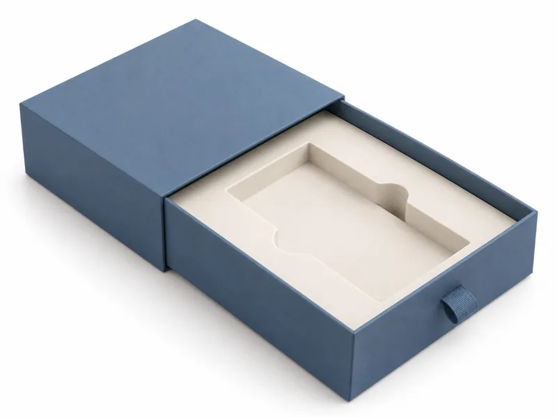 Custom drawer box with a fitted insert showing the internal cavity used to position the product.