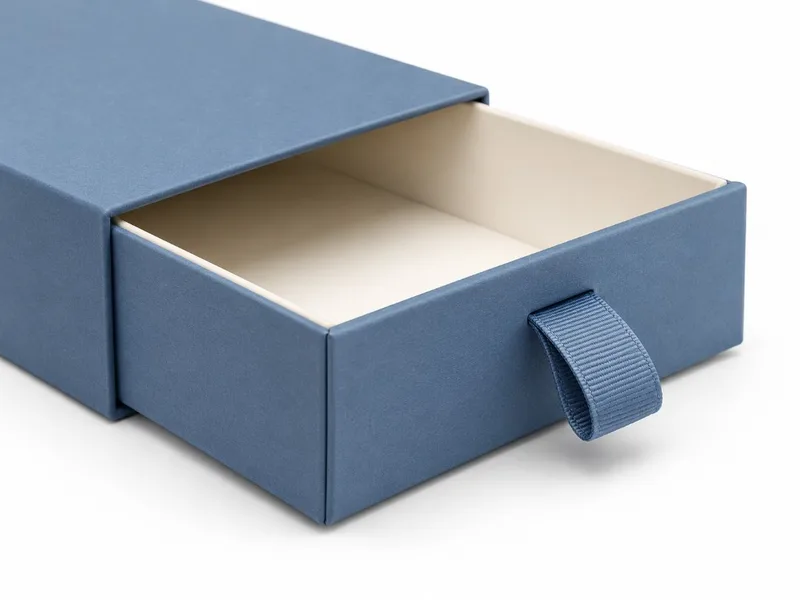 Custom drawer box showing the ribbon pull feature used to open the sliding tray.
