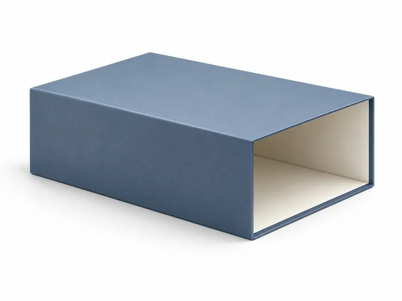 Rigid outer sleeve of a custom drawer box showing the open-ended wrapped greyboard shell that encloses the tray.