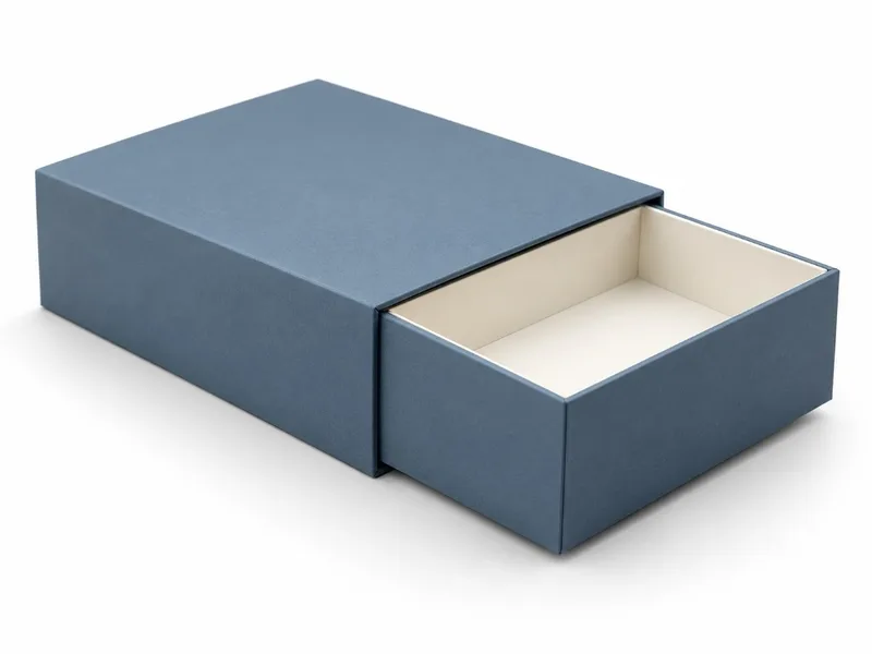Sliding inner tray of a custom drawer box showing the open-topped tray that pulls out of the sleeve.