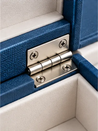 Close-up of the hinge joining the rigid lid and base at a defined pivot point.