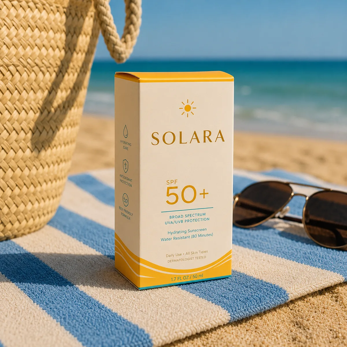 Cream and yellow SOLARA SPF tuck box on a striped beach towel with sunglasses.