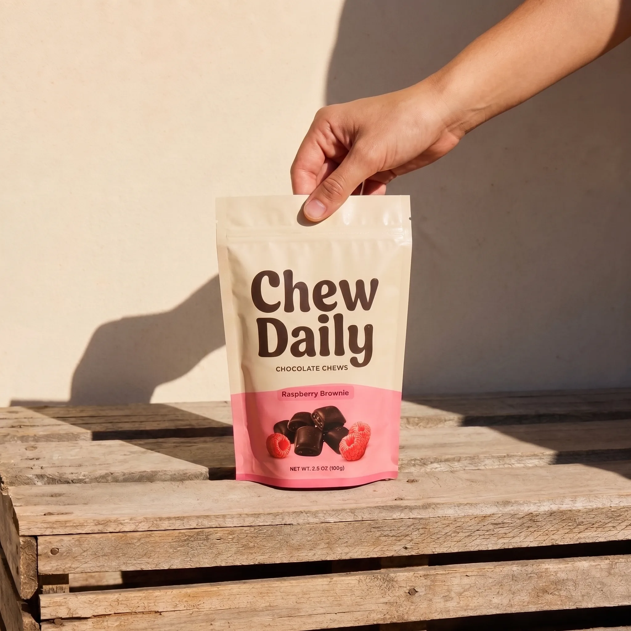Mylar bag in cream with a pink lower panel, stand-up pouch with a resealable zip top, held upright by hand.