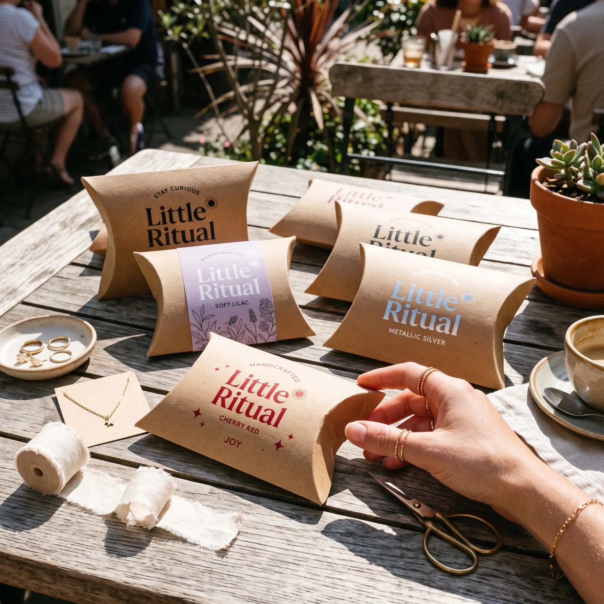 Pillow boxes in kraft brown with a lilac paper label, curved-end construction, shown in an assortment on an outdoor café table.