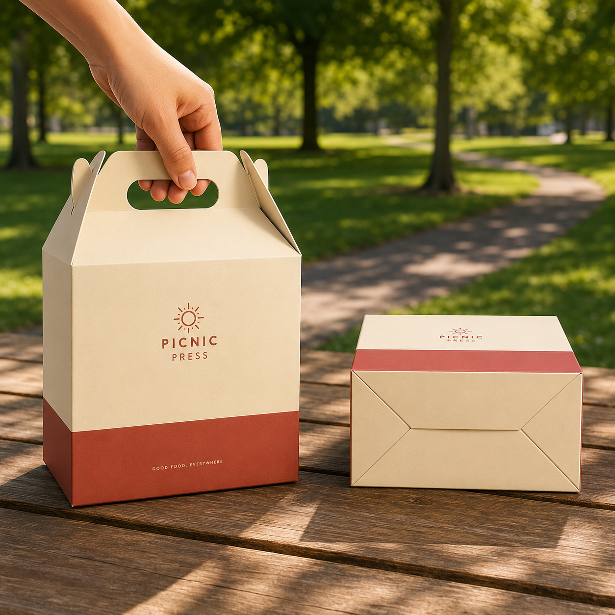 Auto-lock gable boxes in cream and rust, one with a fold-top carrying handle and one shorter box showing the auto-lock envelope-style base, both closed.