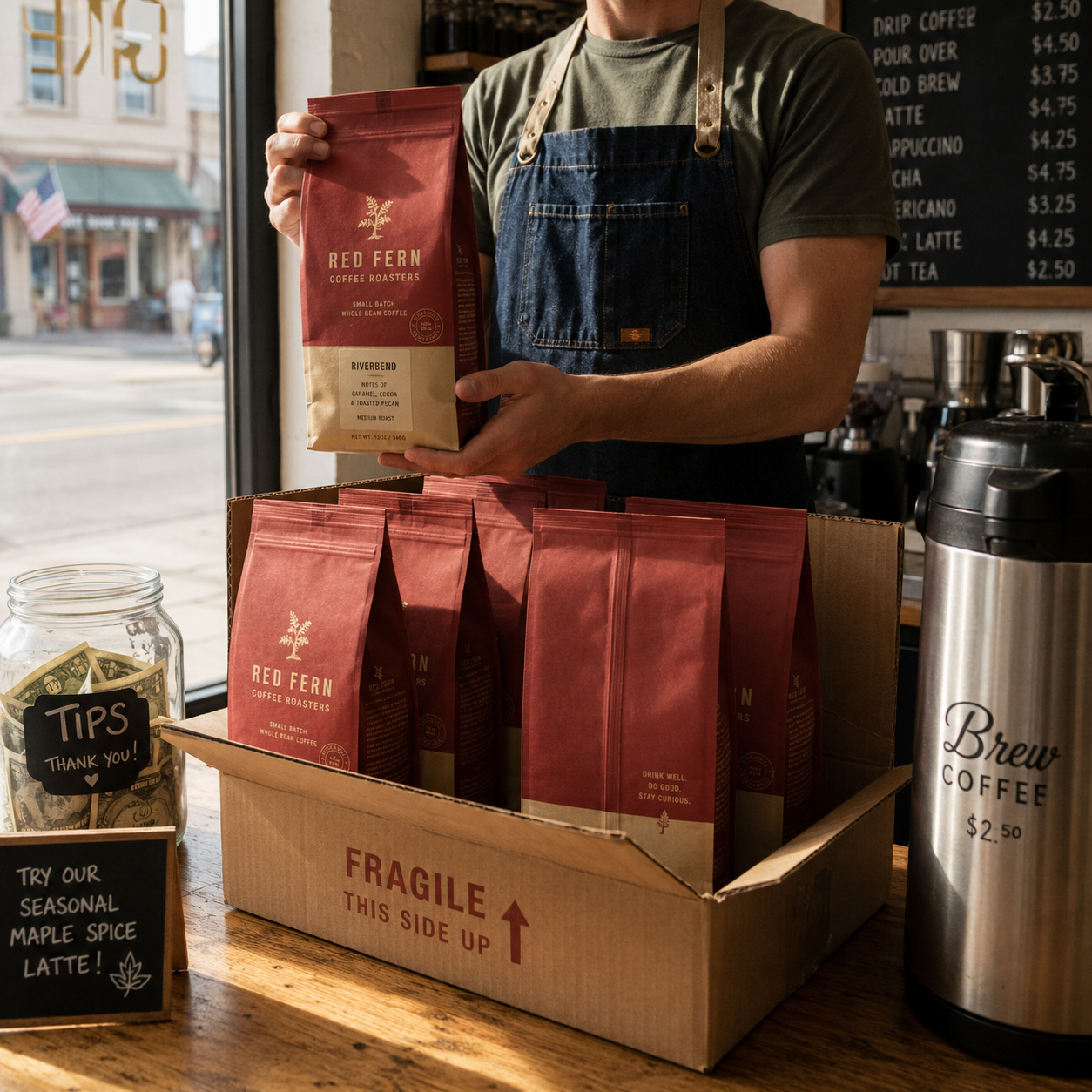 Back seal bag in a deep red matte finish, stand-up pouch style, shown upright inside a shipping box among several matching bags.