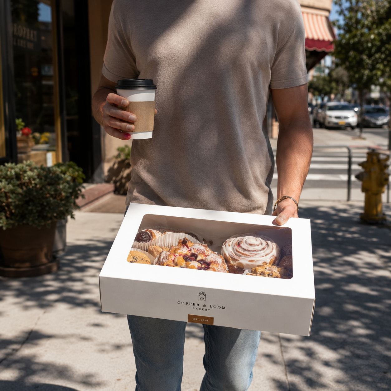 Bakery box with window, white paperboard construction with a die-cut carrying handle and a clear window revealing an assortment of pastries inside.
