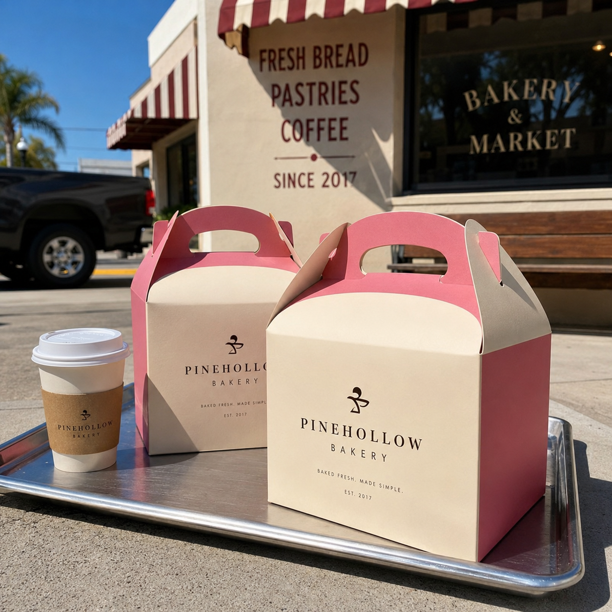 Bakery gable boxes in blush pink and cream, fold-top design with an integrated carrying handle, shown closed on a serving tray.