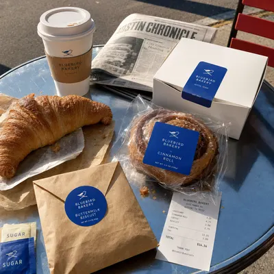 Bakery labels in blue, applied to a kraft paper bag, a white bakery box, and a wrapped pastry, shown as circular and square adhesive labels.