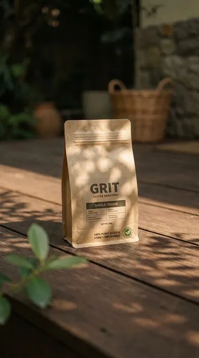 Biodegradable mylar bag with compostable seal on wooden table