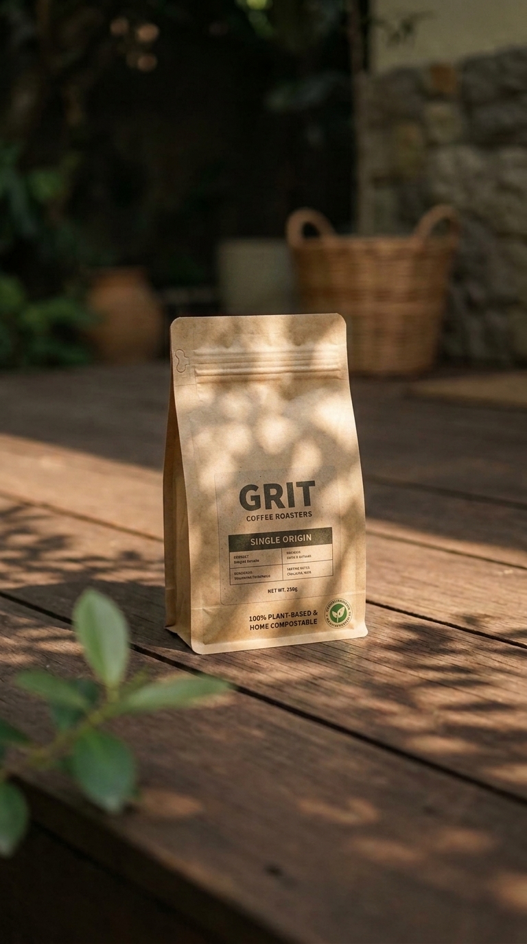 Biodegradable mylar bag with compostable seal on wooden table