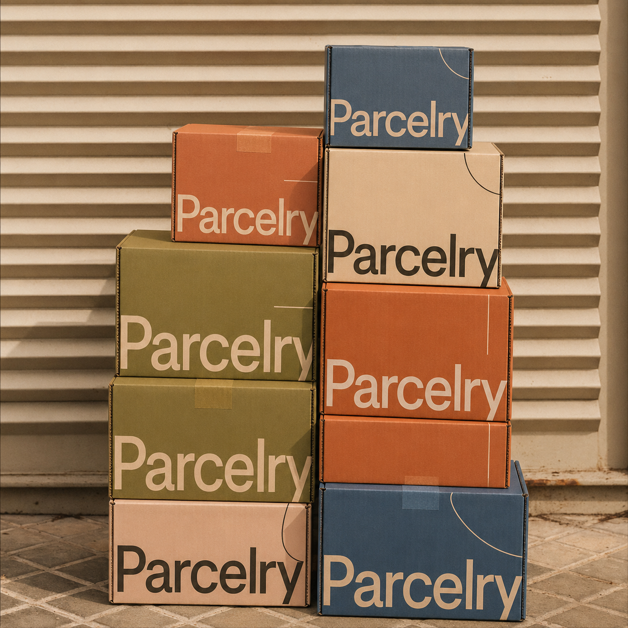 Branded ecommerce shipping boxes stacked in assorted colors