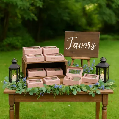 Bridal shower boxes displayed on a tiered table with florals