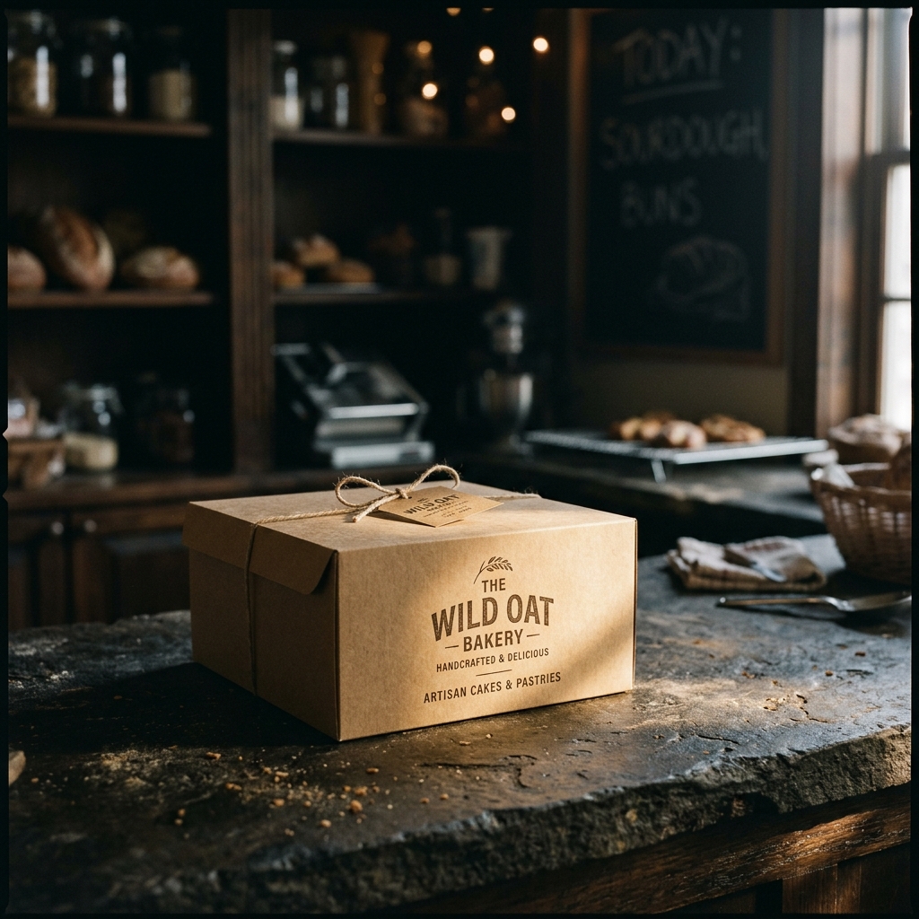 Cake box tied with twine on a rustic bakery counter
