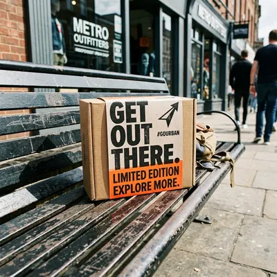 Campaign packaging sleeve wrapped around a box on a bench