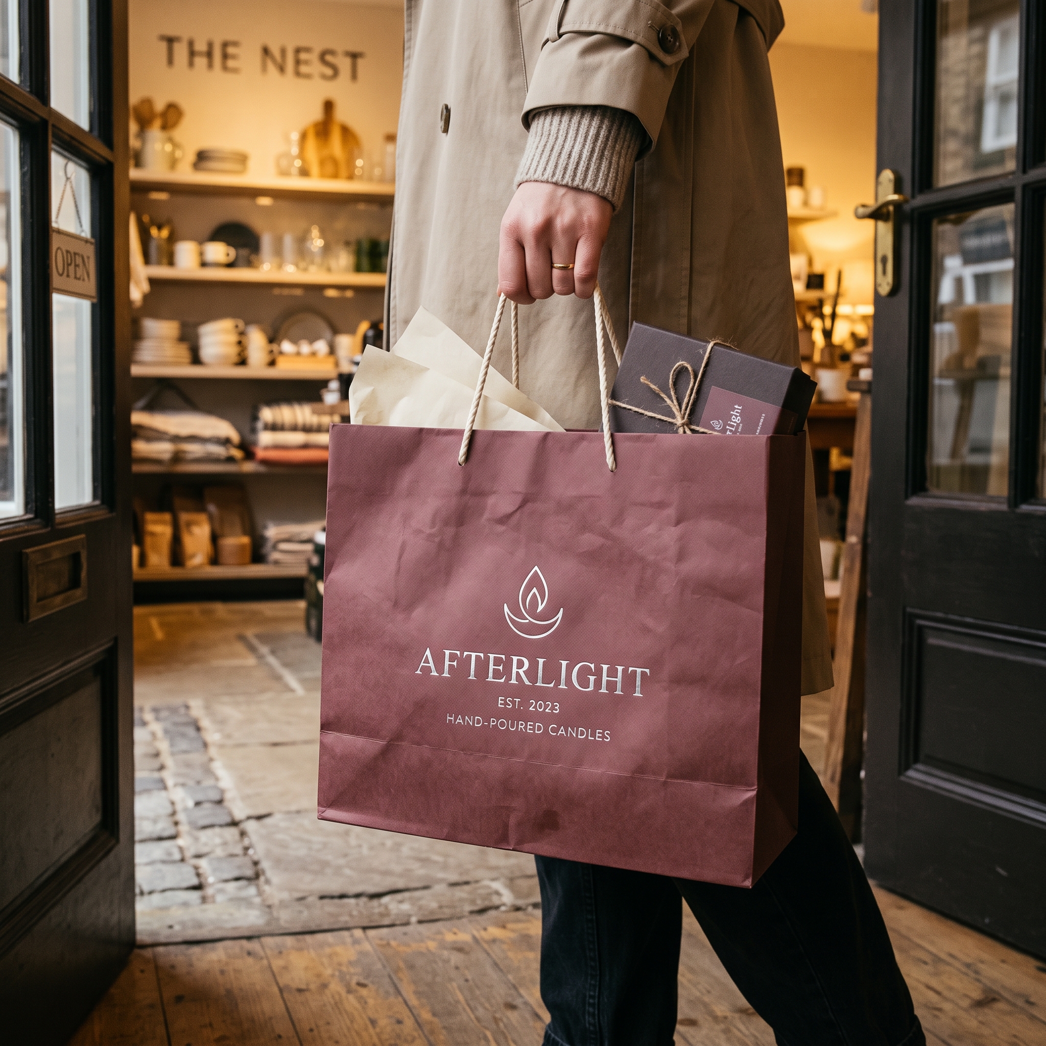 Candle paper bag with rope handles held by shopper leaving a store