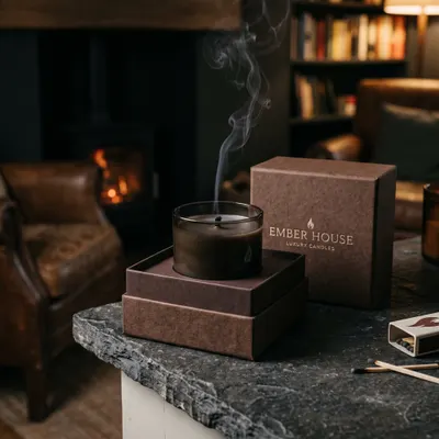 Candle rigid box open with lit candle displayed beside it