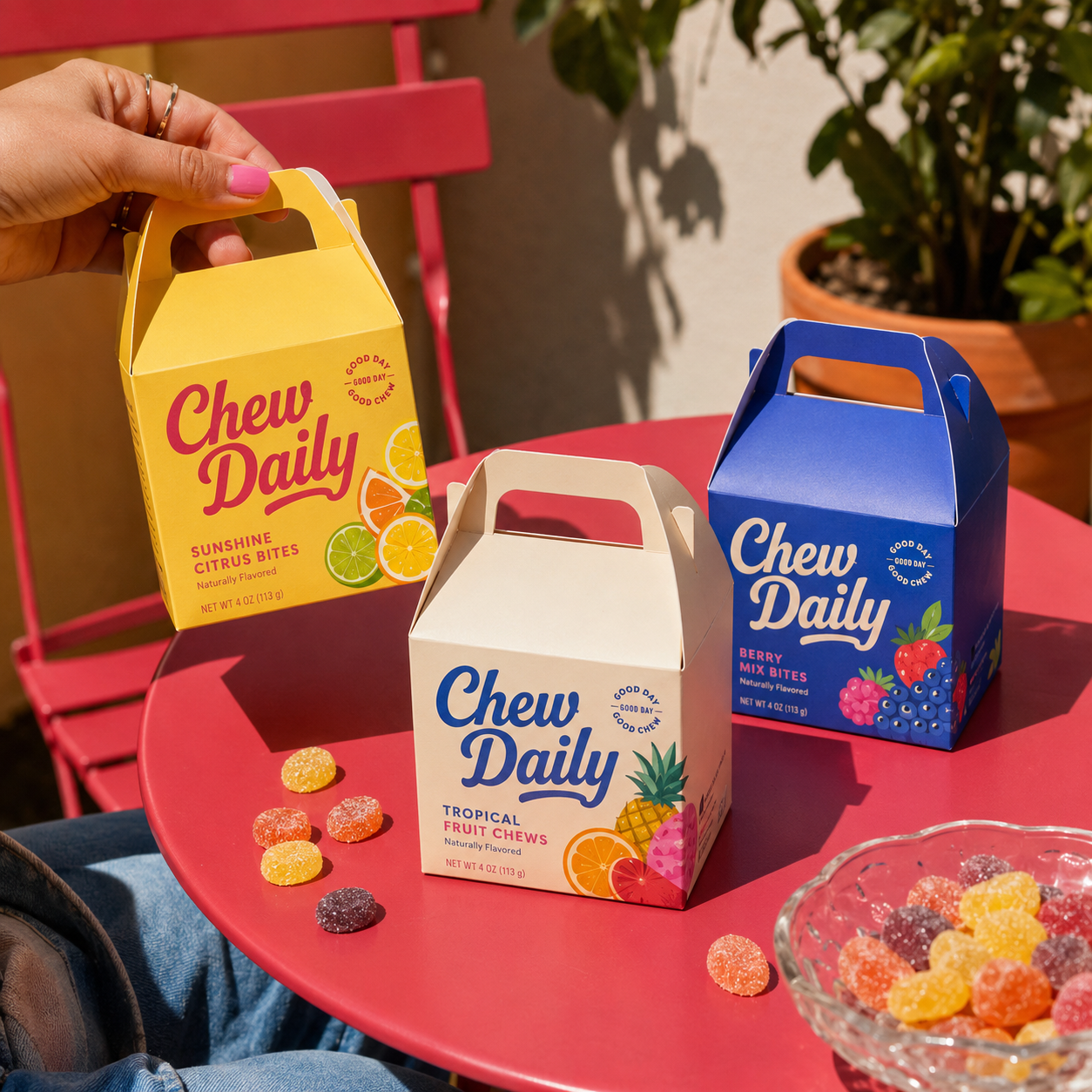 Candy gable boxes in three colors displayed on an outdoor table