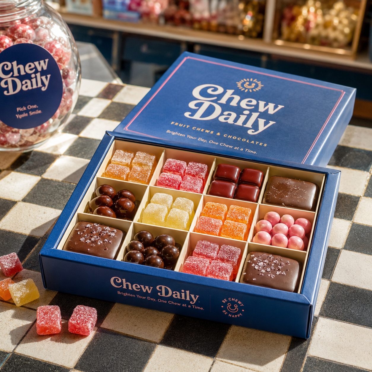 Candy gift box open showing assorted chews and chocolates