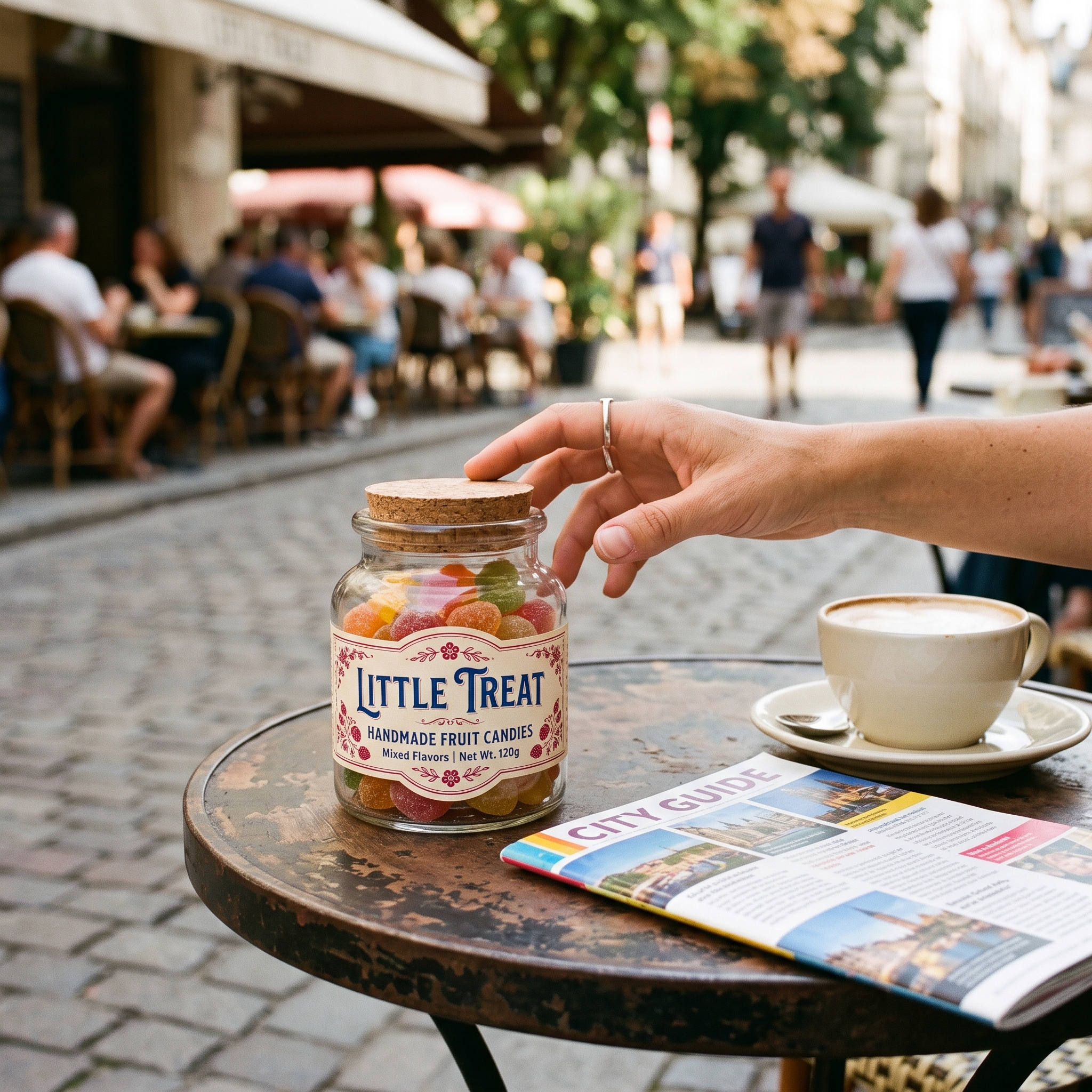 Candy label on a glass jar of fruit candies at a café table