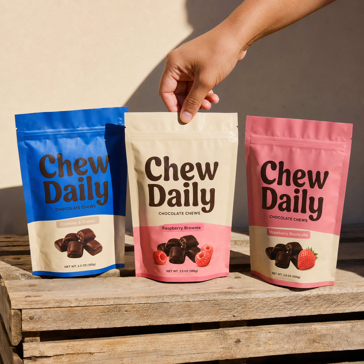 Candy mylar bags in three colors displaying chocolate chews
