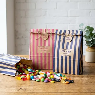 Candy paper bags with twine ties, one spilling out mixed sweets