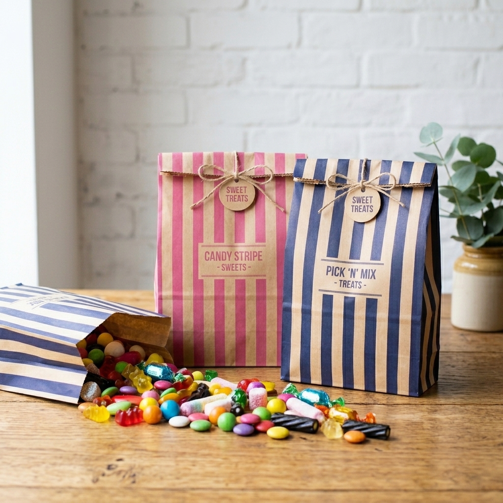 Candy paper bags with twine ties, one spilling out mixed sweets