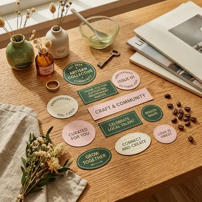 Celebration labels in assorted shapes displayed on a wooden table