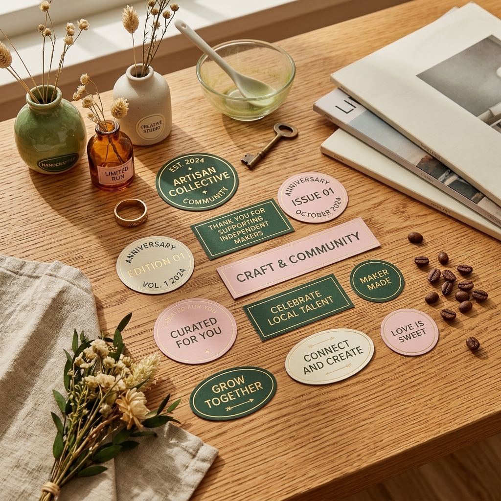 Celebration labels in assorted shapes displayed on a wooden table
