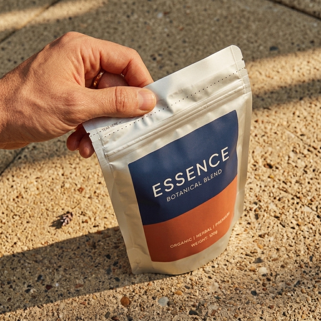 White stand-up mylar pouch with tear notch and resealable zip, botanical blend label, held by hand.