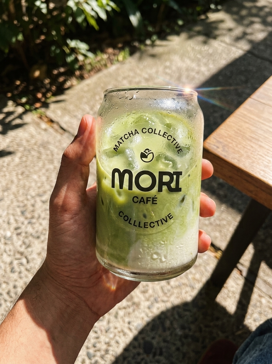 Clear transparent sticker on a glass cup held outdoors