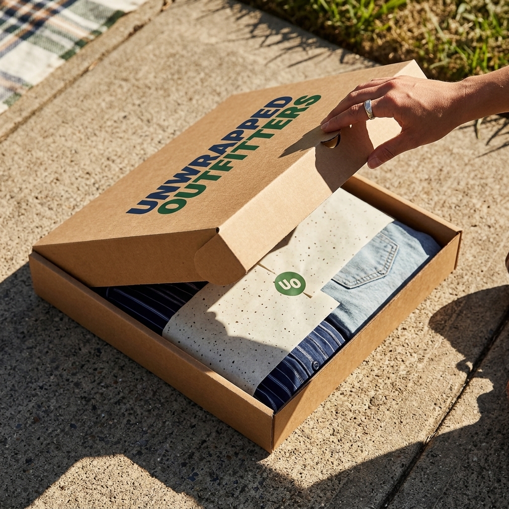 Clothing mailer box open showing folded garments inside