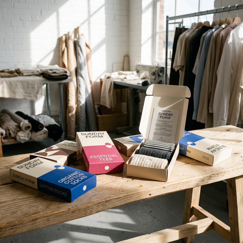 Clothing tuck boxes displayed open with socks on a table