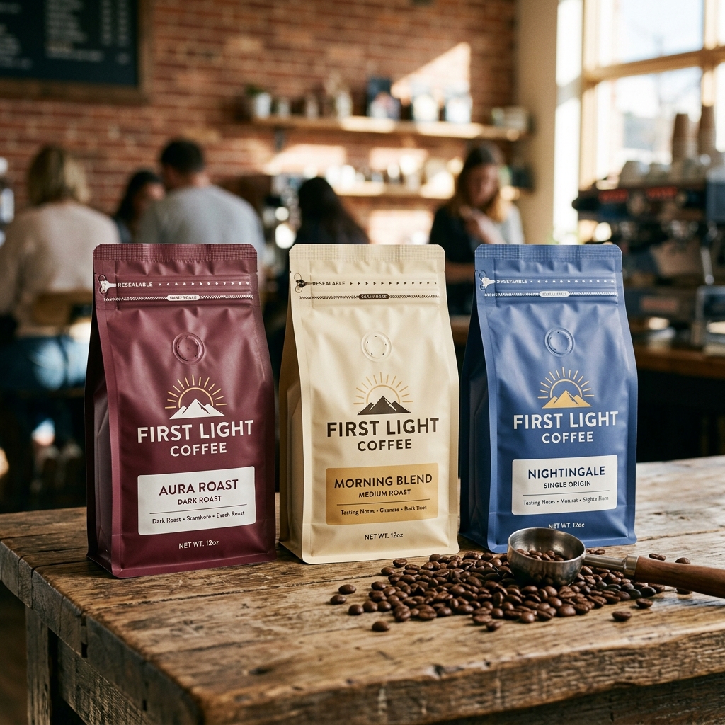 Coffee mylar bags with valve in three colors on a café table