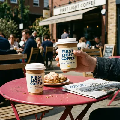 Coffee packaging sleeve on cups held at an outdoor café table