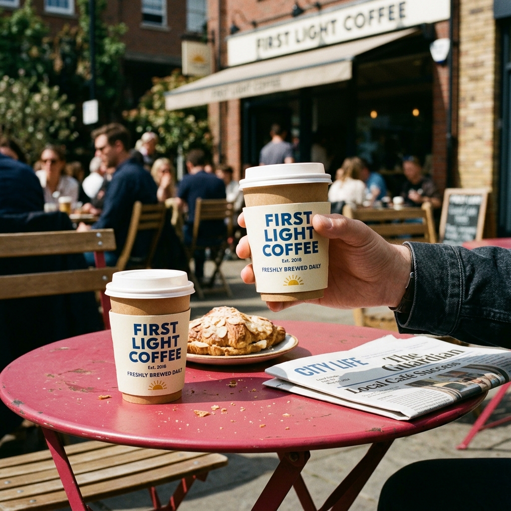 Coffee packaging sleeve on cups held at an outdoor café table