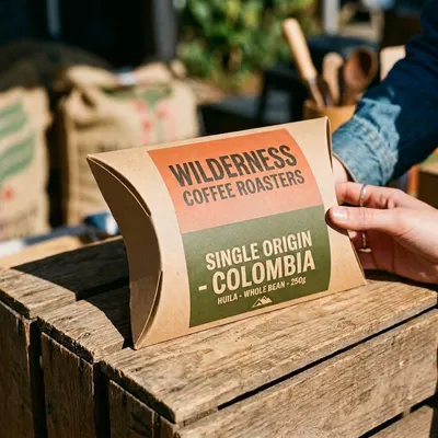 Coffee pillow box held in hand on a wooden crate
