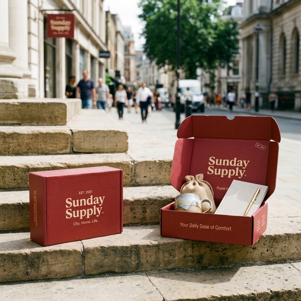 Corrugated mailer box open on steps with mug and notebook inside