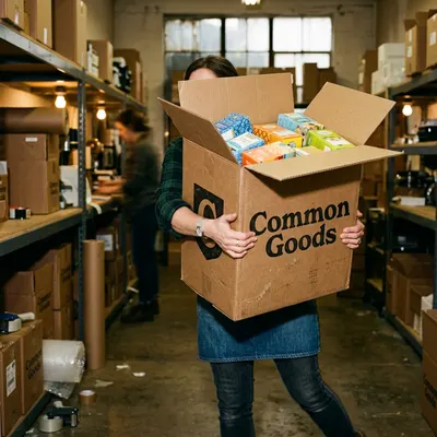 Corrugated shipping box held open, filled with products