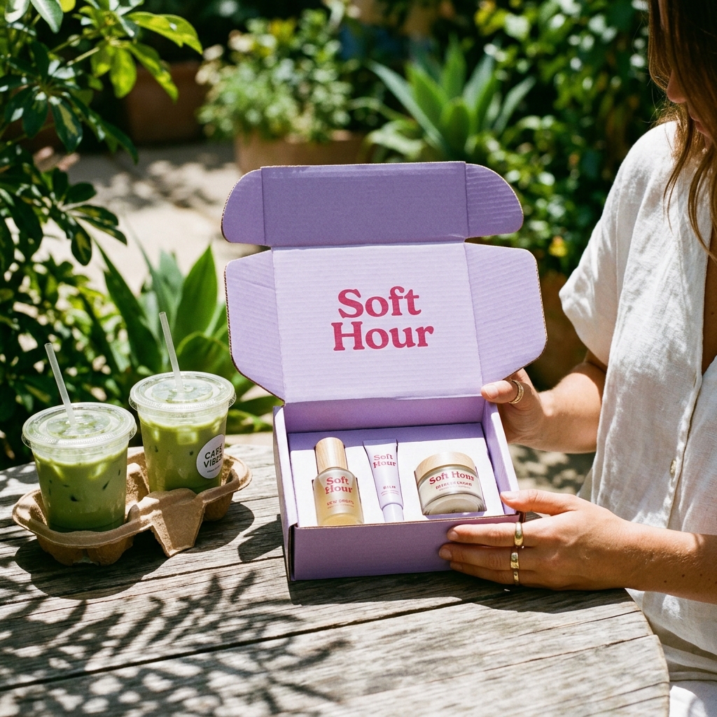 Cosmetic mailer box open showing skincare products inside