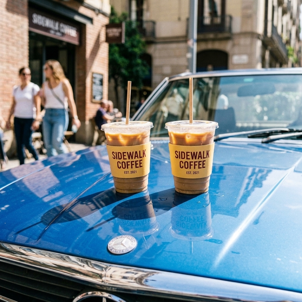 Cup sleeve on iced coffee cups displayed on a car hood