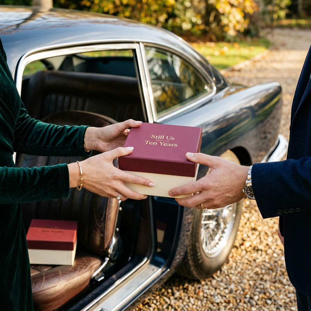 Custom anniversary gift box exchanged by hand near a car