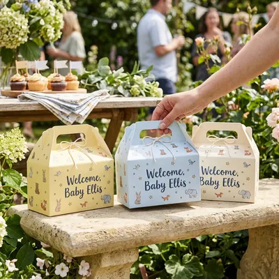 Custom baby shower boxes with handles displayed on a bench