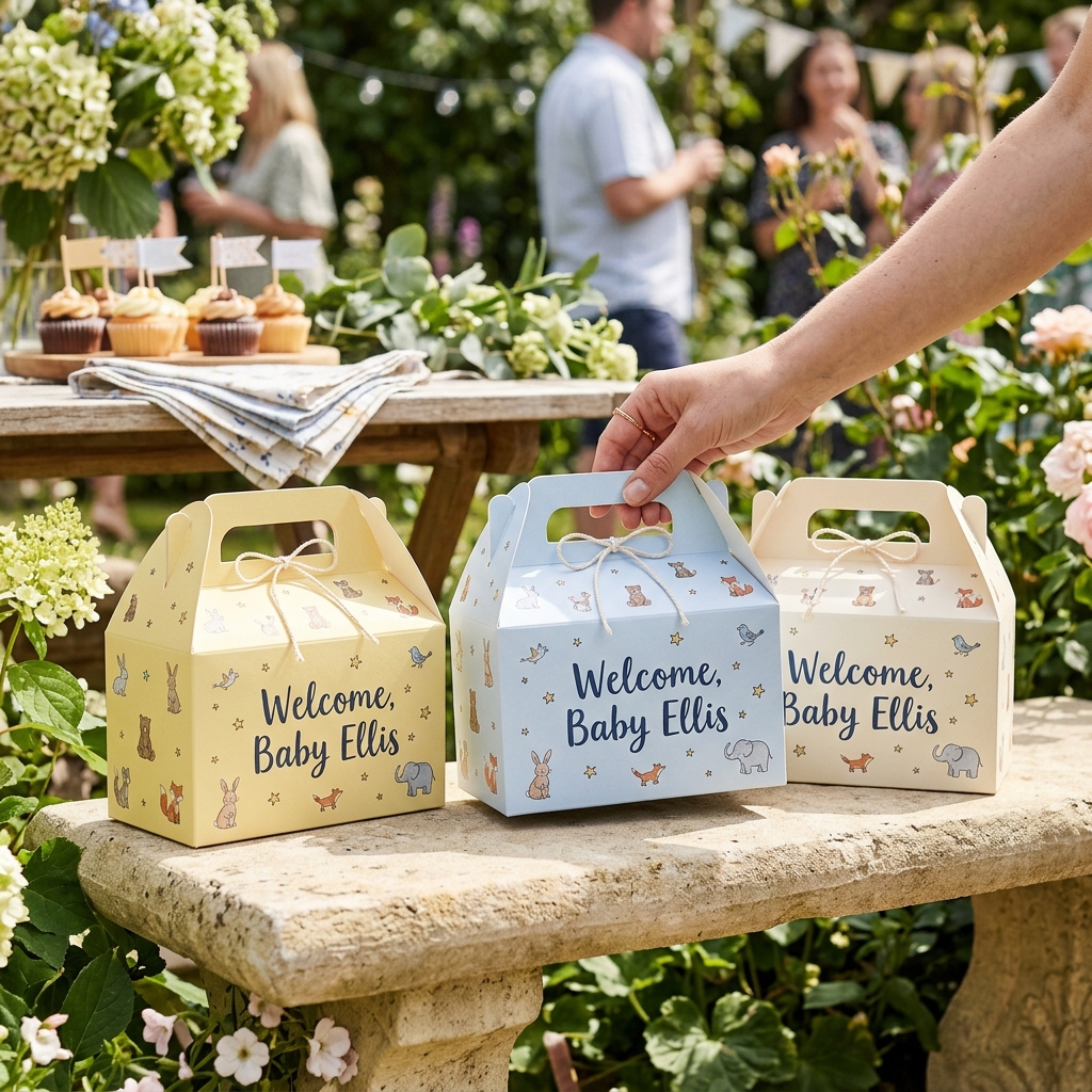 Custom baby shower boxes with handles displayed on a bench