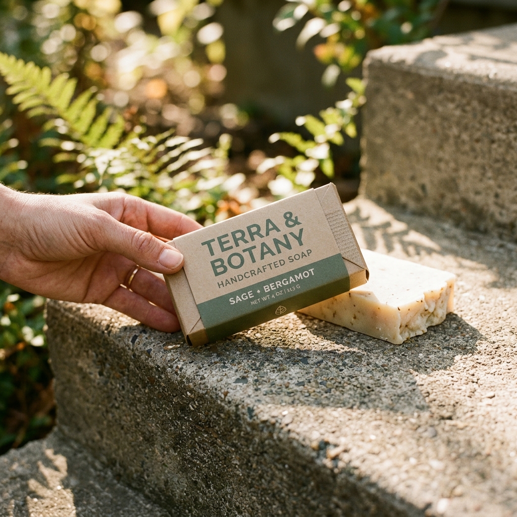 Custom bar soap packaging box in kraft brown with green wraparound label, "Terra & Botany" branding, held beside an unwrapped soap bar.
