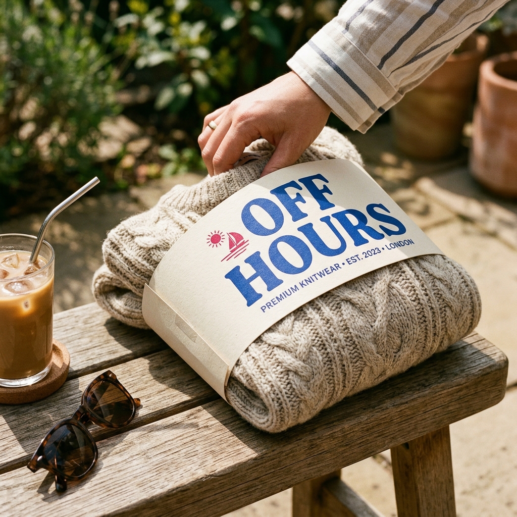 Custom belly band in cream paper with navy "Off Hours" logo print, wrapped around a folded knit sweater.